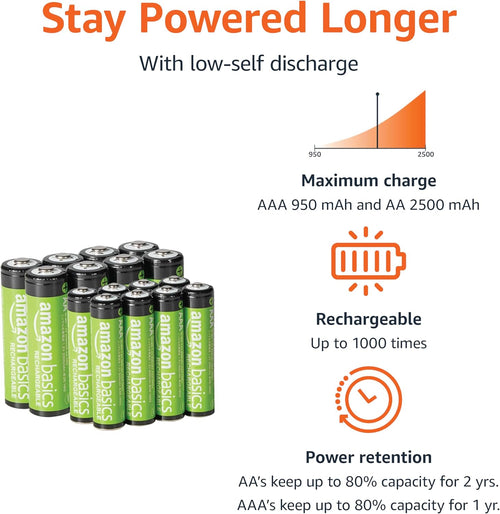 Amazon Basics Rechargeable NiMh AAA 800mAh 8 Pack + AA 2000mAh 8 Pack, with 8 Bay Battery Charger, No AC Power Adapter, USB C Port, 16 count in total, Black