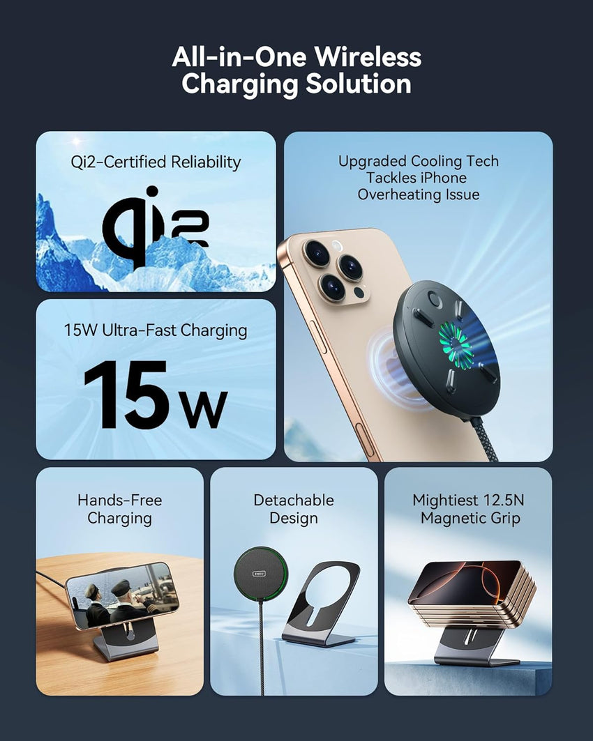 INIU Magnetic Wireless Charger Stand Qi2 15W MagSafe-Compatible Cooling Fan