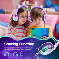 JYPS Kids Headphones, Cute Metallic, 85/94dB Volume Limited, Stereo Sound, Sharing Function, Foldable 3.5mm Wired Over-ear Toddler/Childrens Headphones for iPad/Tablet/School (unicorn, purple)