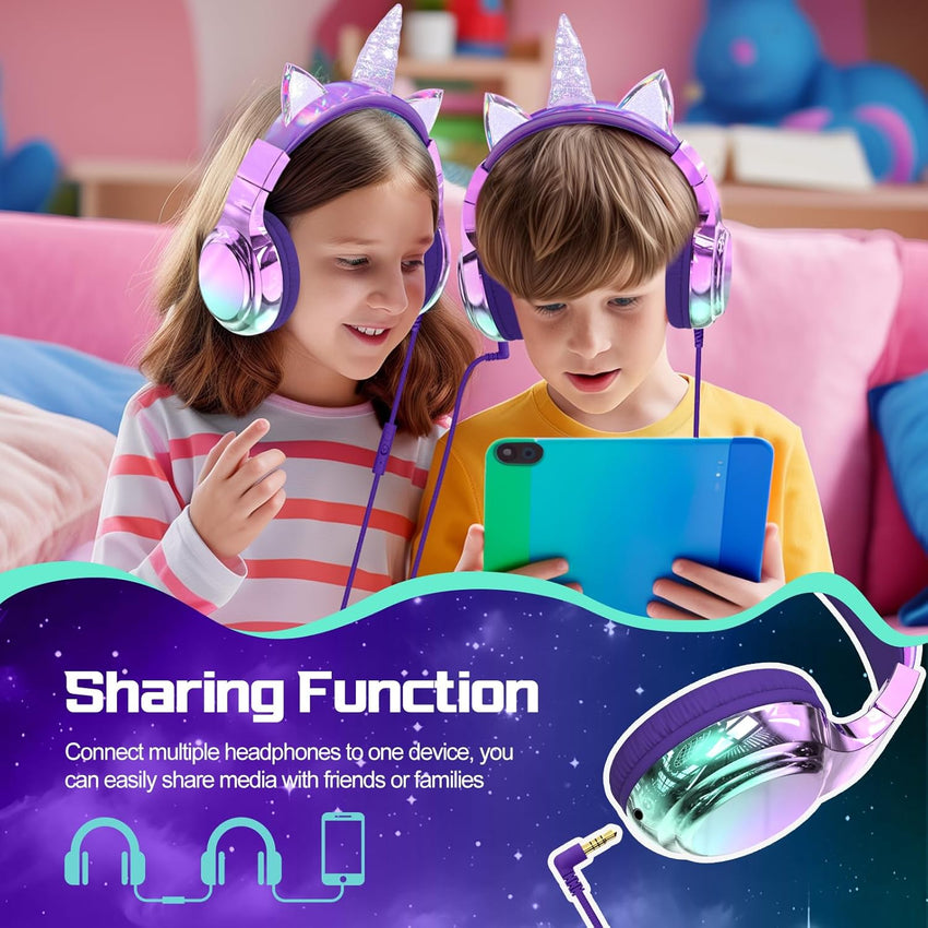JYPS Kids Headphones, Cute Metallic, 85/94dB Volume Limited, Stereo Sound, Sharing Function, Foldable 3.5mm Wired Over-ear Toddler/Childrens Headphones for iPad/Tablet/School (unicorn, purple)