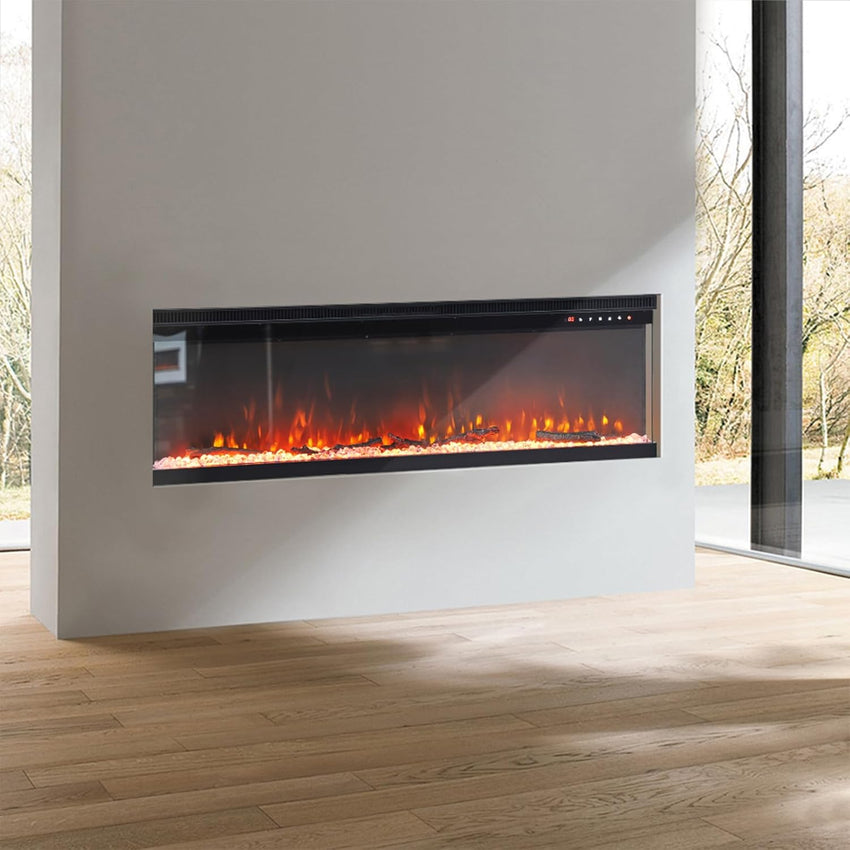 INMOZATA Electric Fire 60inch/152cm 3-Side Glass Display Media Wall Fire Recessed/Freestanding Electric Fireplace with 9 Colors Realistic LED Flame Effect Touch Remote Control & Overheat Protection