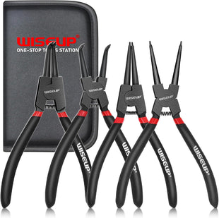WISEUP Pliers Set, 170mm 4-Piece Bent/Straight Internal External Circlip Pliers, Industrial Carbon Steel plier Set, Anti-Rust, Anti-Bending and Labor-Saving Split Ring Pliers, with Storage Bag