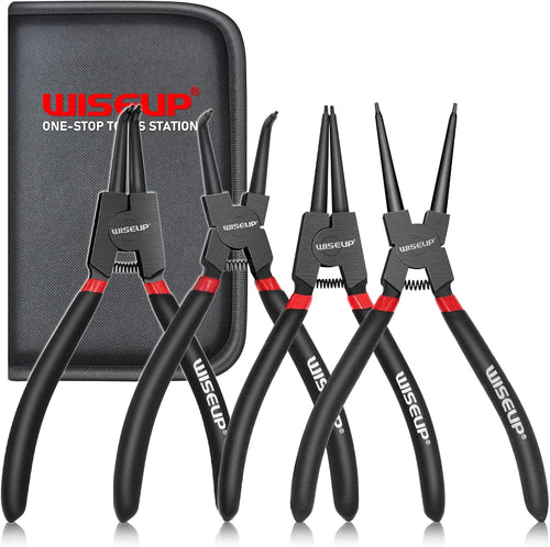 WISEUP Pliers Set, 170mm 4-Piece Bent/Straight Internal External Circlip Pliers, Industrial Carbon Steel plier Set, Anti-Rust, Anti-Bending and Labor-Saving Split Ring Pliers, with Storage Bag