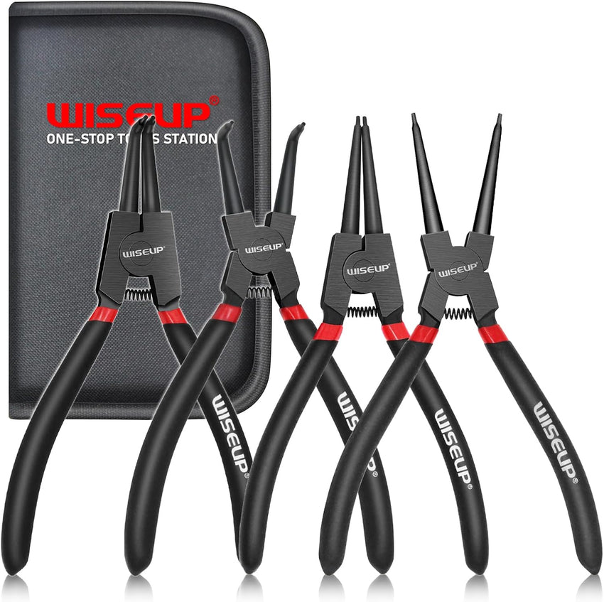 WISEUP Pliers Set, 170mm 4-Piece Bent/Straight Internal External Circlip Pliers, Industrial Carbon Steel plier Set, Anti-Rust, Anti-Bending and Labor-Saving Split Ring Pliers, with Storage Bag