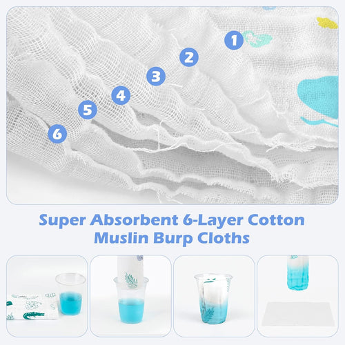 Maliton Muslin Cloths for Baby, 6 Pack Burp Cloths for Baby,100% Cotton 6 Layers Absorbent& Soft& Breathable Baby Muslins Pack,50x25CM Muslin Squares Baby Essentials for Newborn(Animals& Cars, 6 Pack)