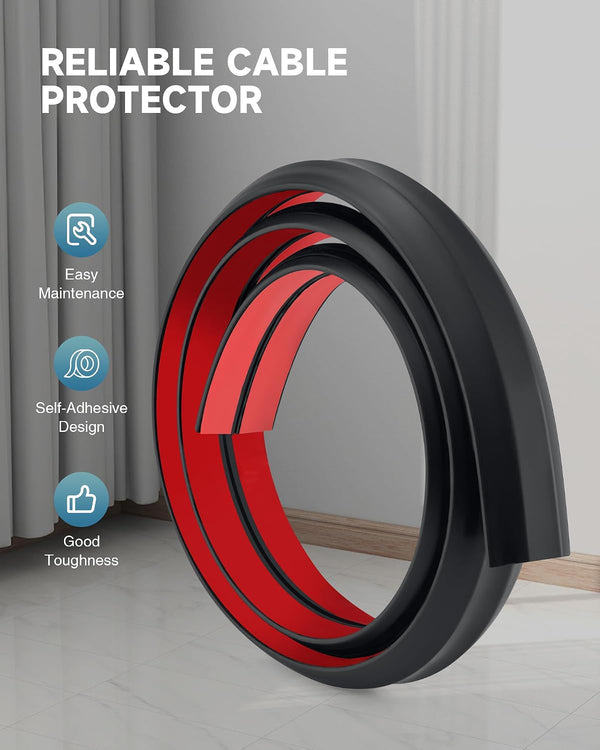 CREWORKS 1.8 m Floor Cord Cover, 3 Channel Cable Cover with Self-Adhesive Baking, Extension Cord Cable Protector, Flexible PVC Duct Wire Cable Management for Homes Offices Garages, Black
