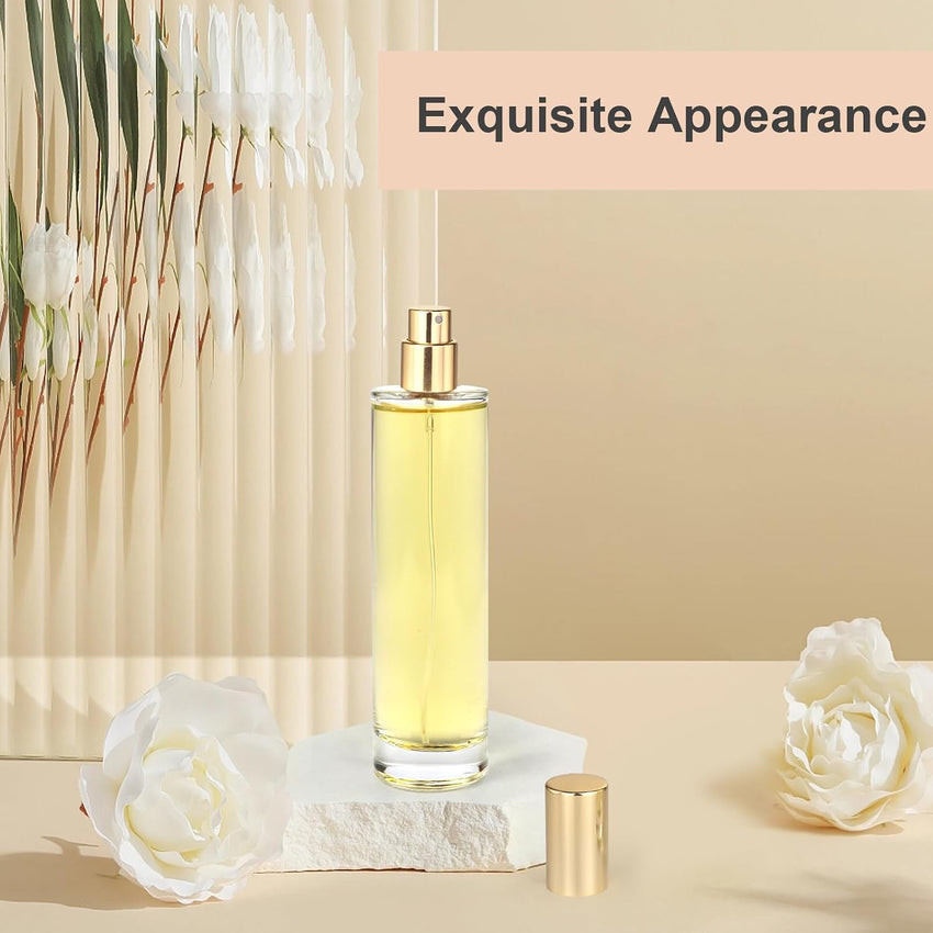 Omsscun 3Pcs Glass Perfume Spray Bottle 100ml, Empty Glass Perfume Atomiser, Small Clear Portable Perfume Refill Bottles for Travel, Holiday, Gifts (Gold, Silver and Black Caps)