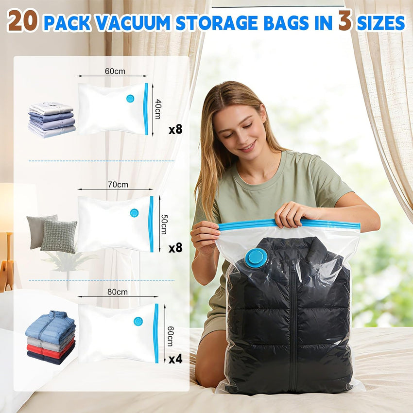 Vacuum Storage Bags 20 Pack with Electric Pump for Clothes & Travel â Clear