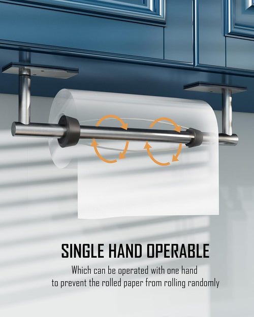 WZRUA Kitchen Roll Holder Under Cabinet, Wall Mounted or Self Adhesive Paper Holder, Brushed Nickel SUS304 Stainless Steel Kitchen Roll Holder with Damping for Kitchen(Square Base)