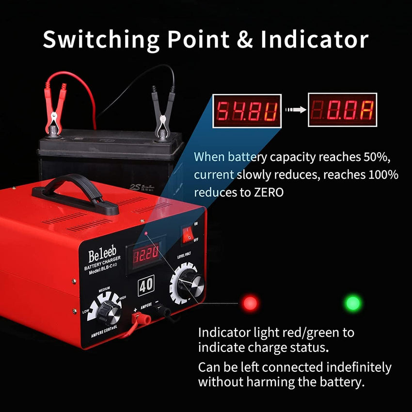 Hugoome Beleeb Series C40 Battery Charger 12V 24V 36V 48V 60V 72V, Pulses of High-Voltage Battery Desulfator Maintainer with Crocodile Clips for Lead-Acid Lithium-ion Batteries