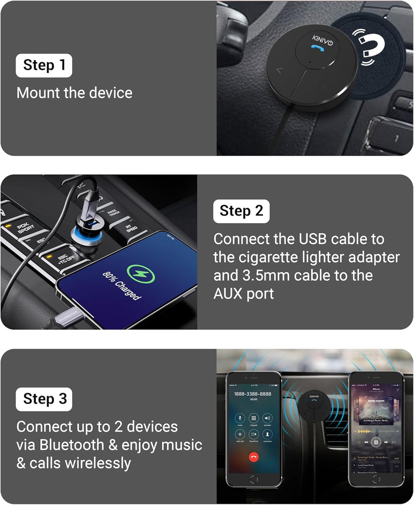 Kinivo BTC480 Hands-Free Bluetooth Car Kit (for Cars with 3.5mm Aux Input, Magnetic Mount, Dual-Port USB Charger, Multi-Point Connectivity)