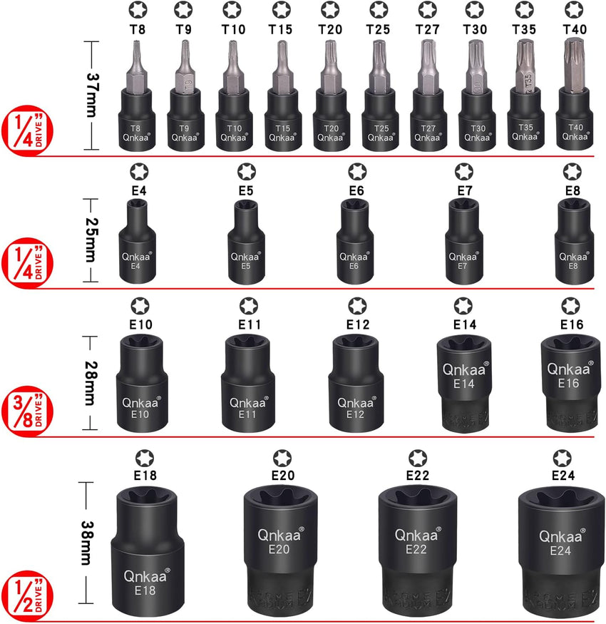Torx Bit Socket Female E-Torx External Sockets Set 24PCS | 10pcs Star Socket Bits (T8-T40) & 14pcs Female E-Torx Sockets (E4-E24) 1/4" 3/8" 1/2" | CRV | Enhanced Mini Storage Case