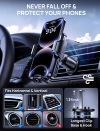 Car Phone Holder Air Vent, Upgrade Hook Clip Mobile Phone Holder for Cars, 360Â° Rotable Car Phone Mount, One Button Release Car Phone Cradles, Universal Car Phone Stand for iPhone Samsung Smartphones