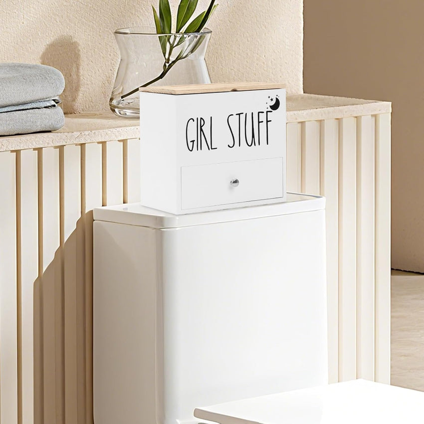 Tampon & Sanitary Pad Storage Box Wooden Organizer with Drawer & Lid â White