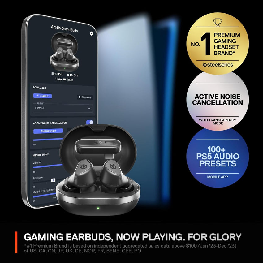 SteelSeries Arctis GameBuds for PS5 - Wireless Gaming Earbuds - 2.4GHz + BT 5.3 - ANC/Transparency - IP55 Water Resistant - 40H Battery - Wireless Charging - PS5, PC, Switch 2, Mobile - Black