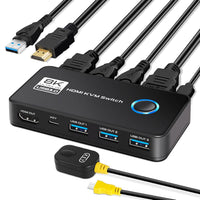 TCNEWCL 8K 60Hz KVM Switch 2 PC 1 Monitor 4K 120Hz, HDMI 2.1 USB 3.0 KVM Switcher for 2 Computers Share 1 Monitor Mouse Keyboard, with Wired Remote and 2 HDMI and 2 USB cables