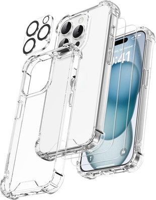 UOYOU 3-in-1 Clear Transparent Case for iPhone 15 Plus with HD Glass Screen Protector and Camera Lens Protector for iPhone 15 Plus