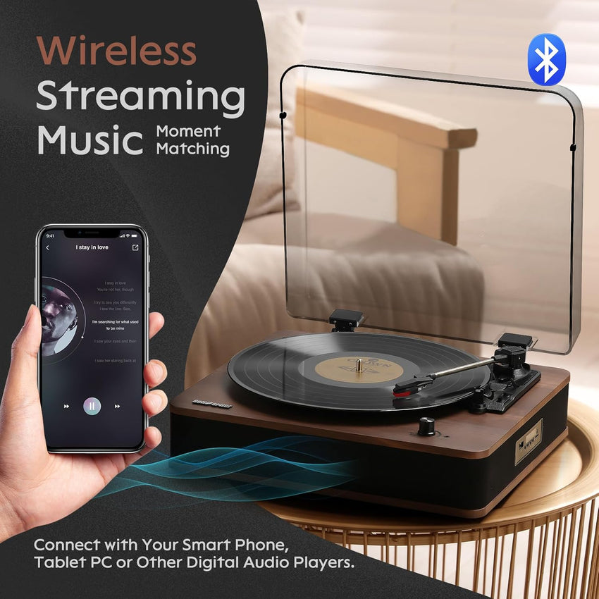 Retrospiler Record Player, Bluetooth Input & Output Turntable with Built-in Speakers, FM Radio, Vinyl-MP3 Recording, USB & SD Playback, LED Screen, Walnut...