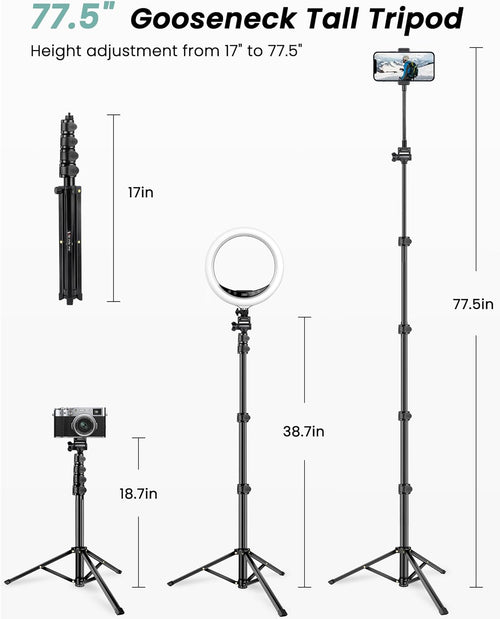 Victiv 77.5" Tall Tripod for Smartphone, Overhead Phone Tripod Stand with Flexible Gooseneck Compatible with iPhone 17/16/15/14/13/12, Portable Aluminum Selfie Stick Camera Tripod for Travel Vlogging