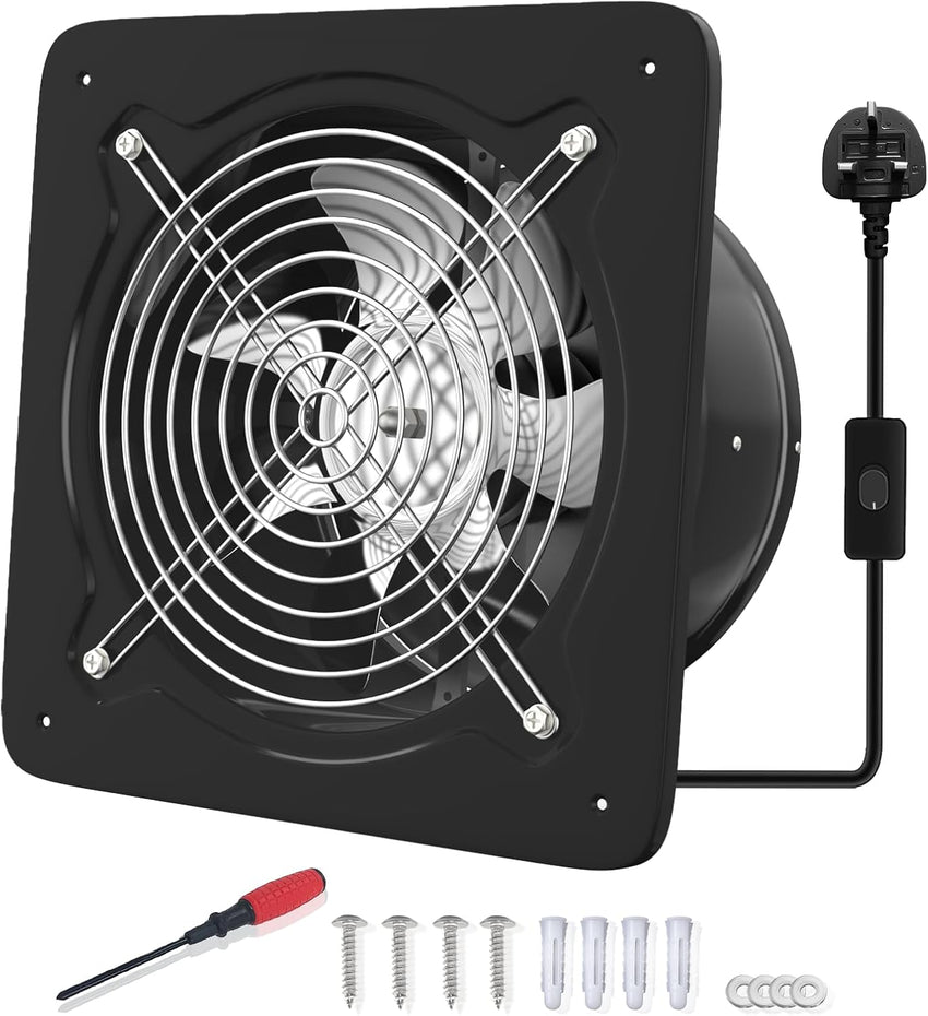 Kitchen Exhaust Fan 8 Inch 980mÂ³/h Low Noise Metal Extractor Black 200mm