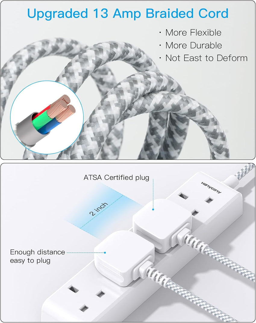 4 Gang Extension Lead 2M, HANYCONY Multi Plug Extension Socket with Braided Cable, 13A 3250W UK Power Strip, Durable Electric Extension Cord for Office, Bedroom, Kitchen Accessories, White
