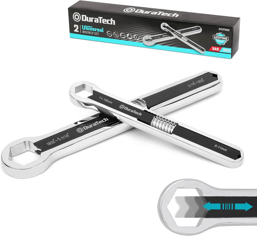 DURATECH Universal Combination Wrench Set, Adjustable Spanner Set, 2-Piece Multifunctional Wrench Set, Total Box-end Ring Spanner Set, 44-in-2, Metric & SAE, 5mm to 27mm & 3/16" to 1-1/16"