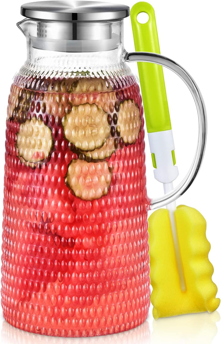Water Jug, 2.4 L Glass Jug, Water Jug for Fridge, Jug with Lid, Heat Resistant Pitcher, Glass Water Jug for Cold or Hot Beverages, Fridge Water Jug for Juice Sangria, Glass Jug with Lid, Easy Clean