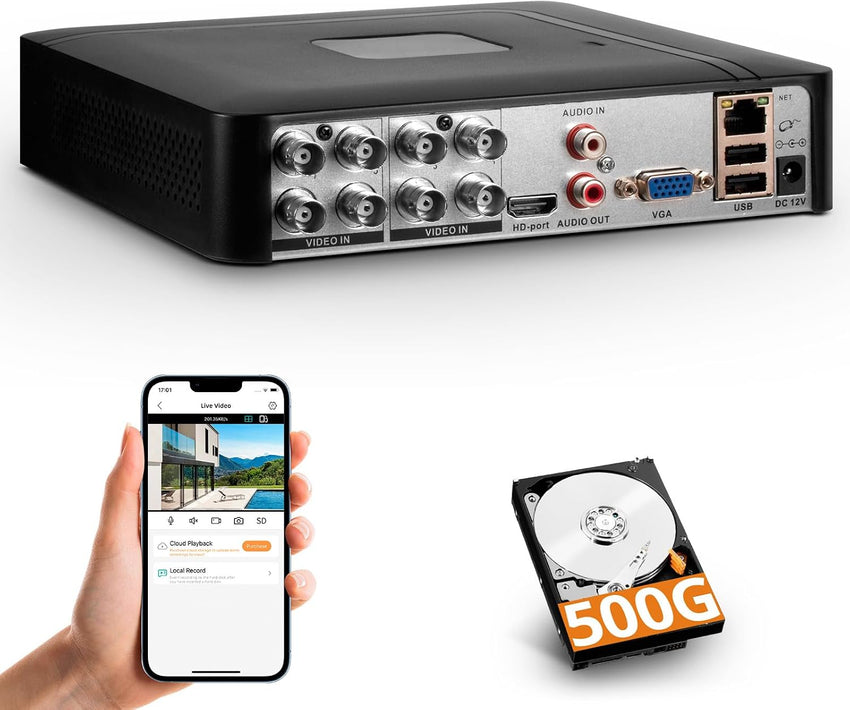 Surveillance DVR 8 Channel H.265+ Security Video Recorder with 500G HDD,Hybrid 5-in-1 CCTV DVR for IPC/AHD/TVI/XVI/CVI Camera,DVR for Security Camera Home Surveillance System, Mobile APP & PC Remote