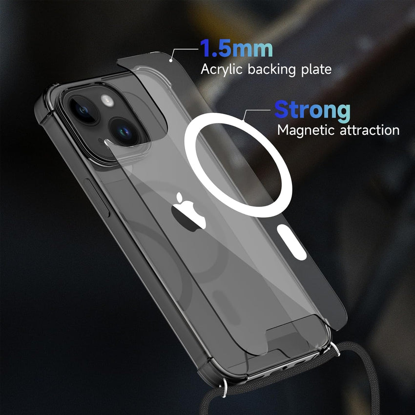 CAROKI Crossbody Lanyard Case for iPhone 14 6.1 inch, Magnetic Case Compatible with MagSafe Transparent Slim PC + TPU Clear Phone Case Cover with Lanyard Strap for iPhone 14-Black