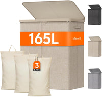 Laundry Basket 165L 3-Compartment with Lid Removable Bag Foldable Tall Hamper Beige