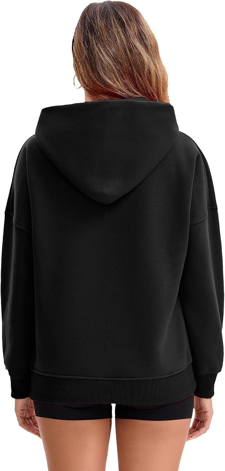 Women's Oversized Thermal Fleece Hoodie Pullover with Pockets Black XL