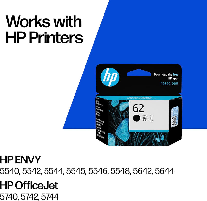 HP 62 Black Original Ink Cartridge | Compatible with HP OfficeJet 5700, HP Envy 5500, 5600, 7600, yield 200 pages (C2P04AE)