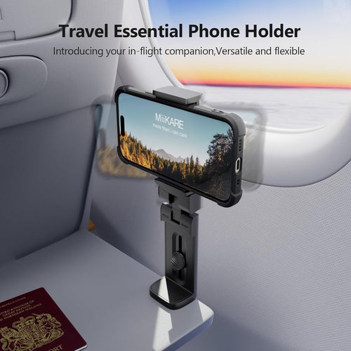 MiiKARE Portable Airplane Phone Holder 360^0 Rotation Phone Holder for Plane,Hands-Free Travel Essentials for Flying,Foldable Pocket-size Phone Stand Holiday Essentials Compatible iPhone&Android,Black
