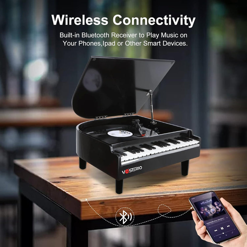 VOSTERIO Bluetooth Record Player with Built-in Speakers, Modern 3-Speed Turntable with USB Playback and Vinyl Recording, Vinyl Player in Piano Design- Black