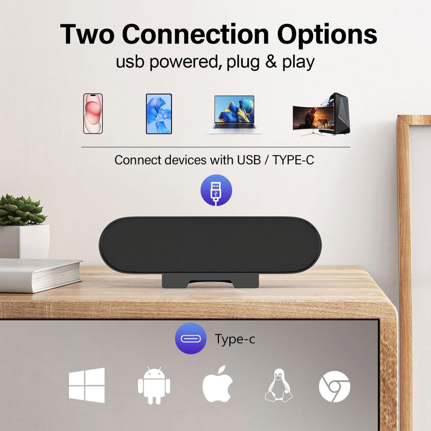 ZETIY USB Speaker for PC, Computer Speakers for Desktop, Monitor Speakers, Mini PC Soundbar, Small Desk Speaker with Clip-on Design for Laptop, Phone - Plug and Play(Black)