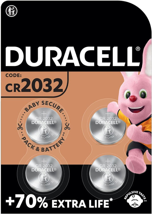 Duracell CR2032 Lithium Coin Batteries 3V (4 Pack) - Up to 70% Extra Life - Baby Secure Technology - Recommended for use in Apple AirTag - Use in Key Fobs, Home Devices, Fitness, Medical Accessories