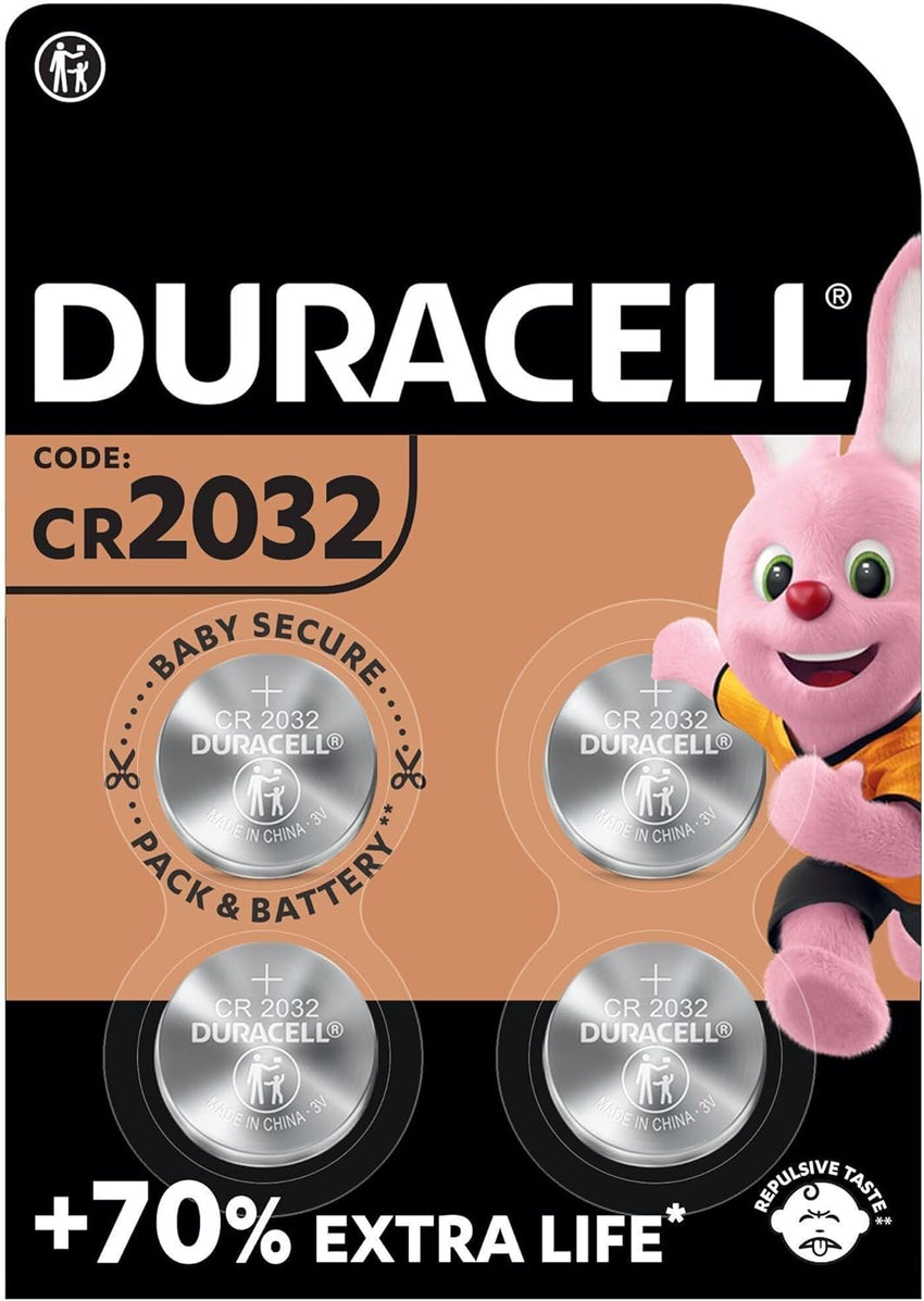 Duracell CR2032 Lithium Coin Batteries 3V (4 Pack) - Up to 70% Extra Life - Baby Secure Technology - Recommended for use in Apple AirTag - Use in Key Fobs, Home Devices, Fitness, Medical Accessories