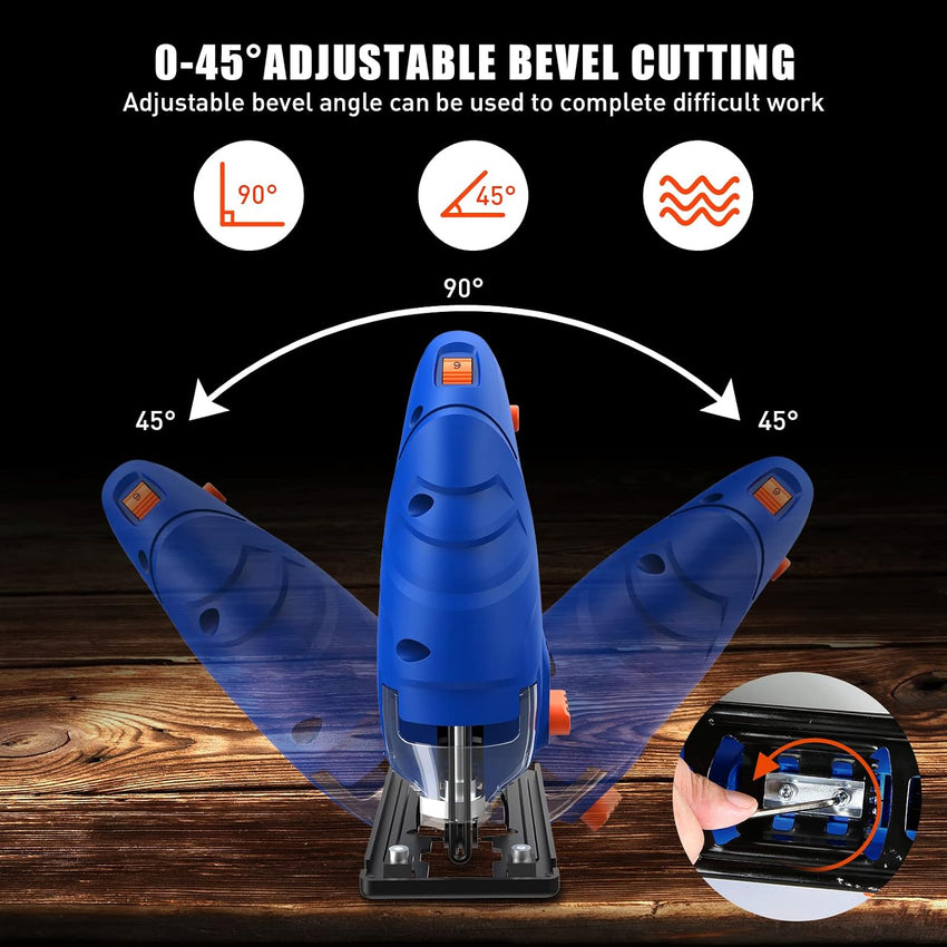 SORAKO 600W Corded Jigsaw for Wood & Metal | 800-3000SPM Electric Jigsaw with 6 Speeds + 3 Orbital Settings | 45ÃÂ° Bevel Cutting, 60mm Wood Cutting Depth