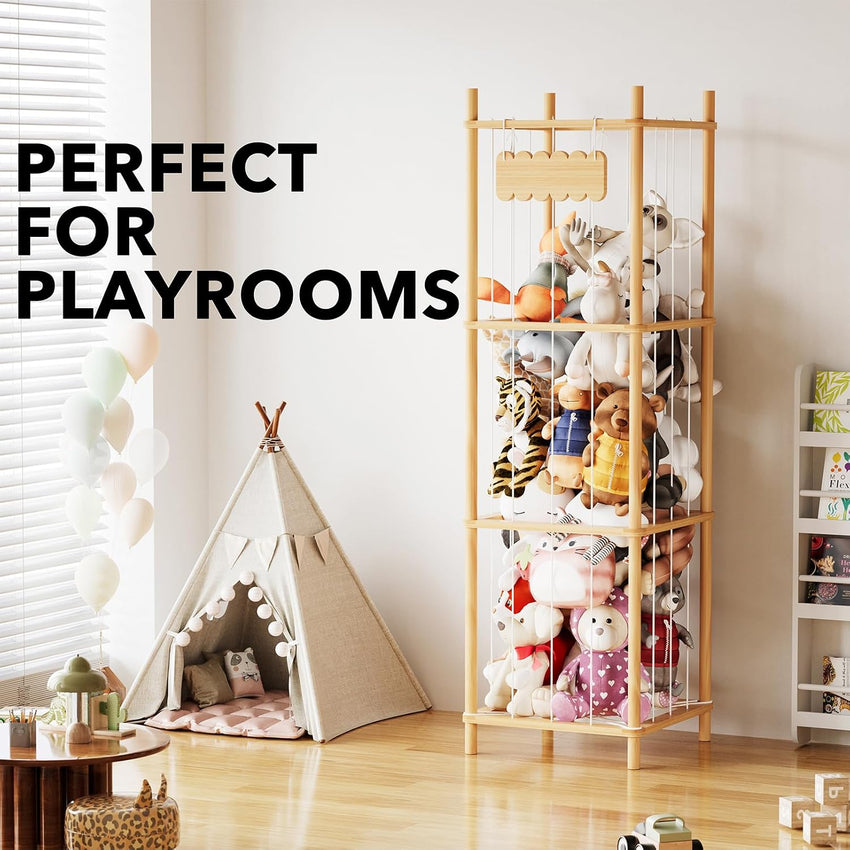 Stuffed Animal Storage Organizer Wooden Zoo Toy Holder Large Capacity 15.8in Wide Natural