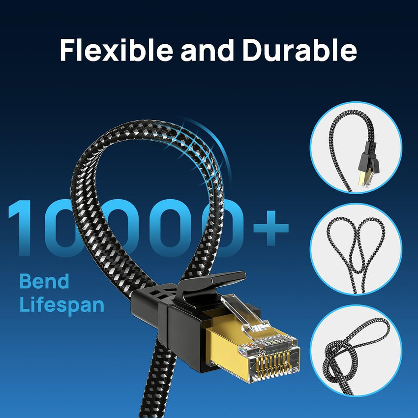 Cat 8 Ethernet Cable 10FT, High Speed Braided 40Gbps 2000MHz Network | Bare Copper Shielded SFTP Internet Cable, Heavy Duty Flat RJ45 LAN Patch Cord-Indoor for Gaming PC Modem Router PS5