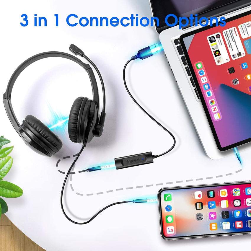 Venker LCL USB Headsets with Microphone, U17D 3m Length Noise Cancelling Headset Stereo Headphone for PC, Laptop USB/3.5mm, Multi-Use USB Headsets Earphone for Call Center