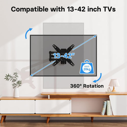 BONTEC TV Wall Bracket for 13-42 Inch LED LCD OLED Flat & Curved TVs up to 20KG, Full Motion Articulating Mount with Tilt, Swivel, Extension, Max VESA 200x200mm, TV Wall Mount for Home and Office Use