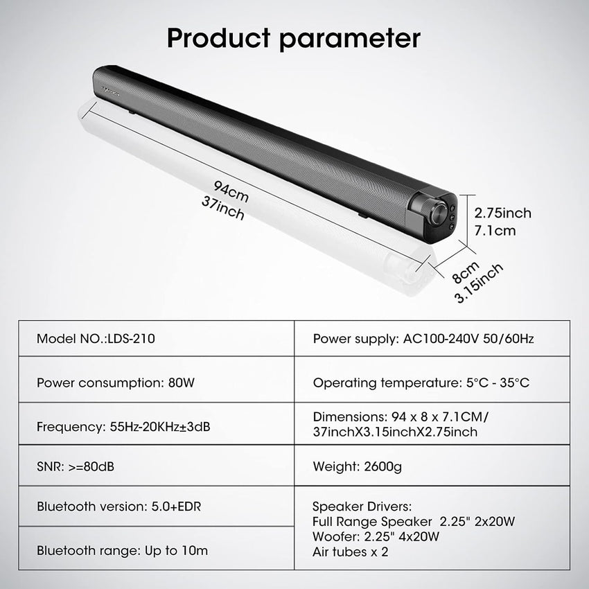 LEADSIGN Soundbar for TV, 120W Sound Bar with Subwoofer Strong Bass Surround Sound System TV Speaker 37inch(Support Bluetooth/HDMI/Optical/Aux/Coaxial/USB Connection)