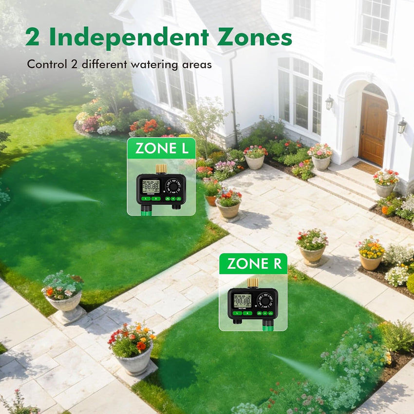 Sprinkler Timer 2-Zone Programmable Up to 11h59m Brass Inlet Rain Delay Manual/Auto Outdoor Hose