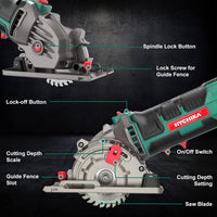 HYCHIKA Mini Circular Saw, with 3pcs Blades (85mm), Scale Ruler, 500W Pure Copper Motor, 4500RPM Ideal for Wood, Soft Metal, Tile and Plastic Cuts