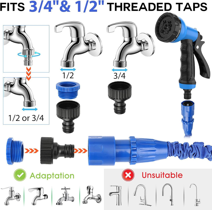 Expandable Garden Hose 30m (100ft) 8-Mode Spray Gun 3x Flexible Non-Kinking â 3/4in & 1/2in Connectors