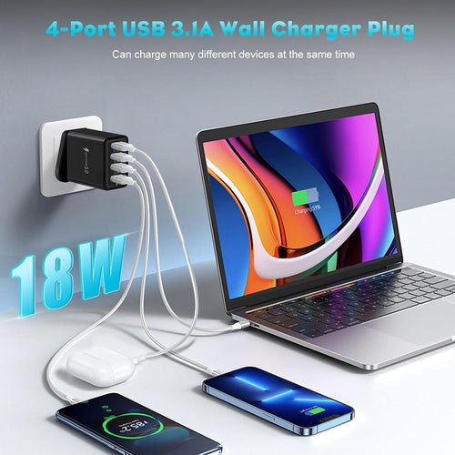 Multi USB Plug Charger UK, 4-Port USB Wall Charger Plug, Charging Power Adapter with Smart Device-Adaptive Charging Technology for All Smartphone (Black)