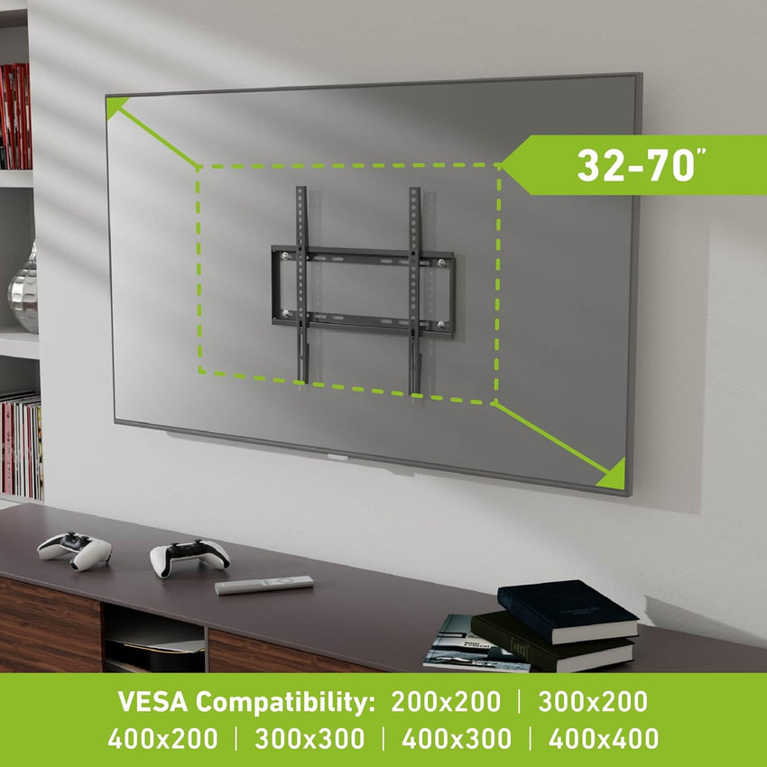 D-Line TV Wall Bracket for 32-70 Inch TVs, Ultra Low Profile TV Bracket with Spirit Level, Slim Flat to Wall TV Mount - VESA 200x200mm - 400x400mm, Holds up to 60kg