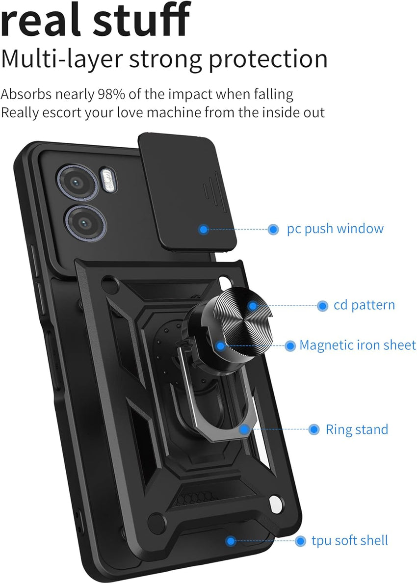 ESTH(R) Case for Motorola Moto E22/E22i with Slide Camera Cover, Military Grade Shockproof Protective Cover with Rotatable Metal Ring Kickstand [Support Magnetic Car Mount], Red