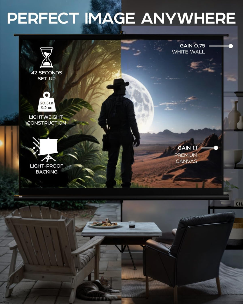 PropVue Projector Screen with Stand 100-120 inch - Indoor and Outdoor Projection Screen for Movie or Office Presentation - Adjustable from 16:9 to 4:3 HD Premium Wrinkle-Free Tripod Screen